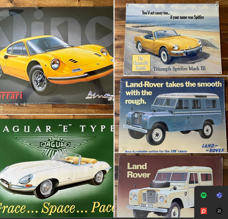 Schilder von Jaguar E Type, Ferrari Dino, Triumph Spitfire, sowie Landrover